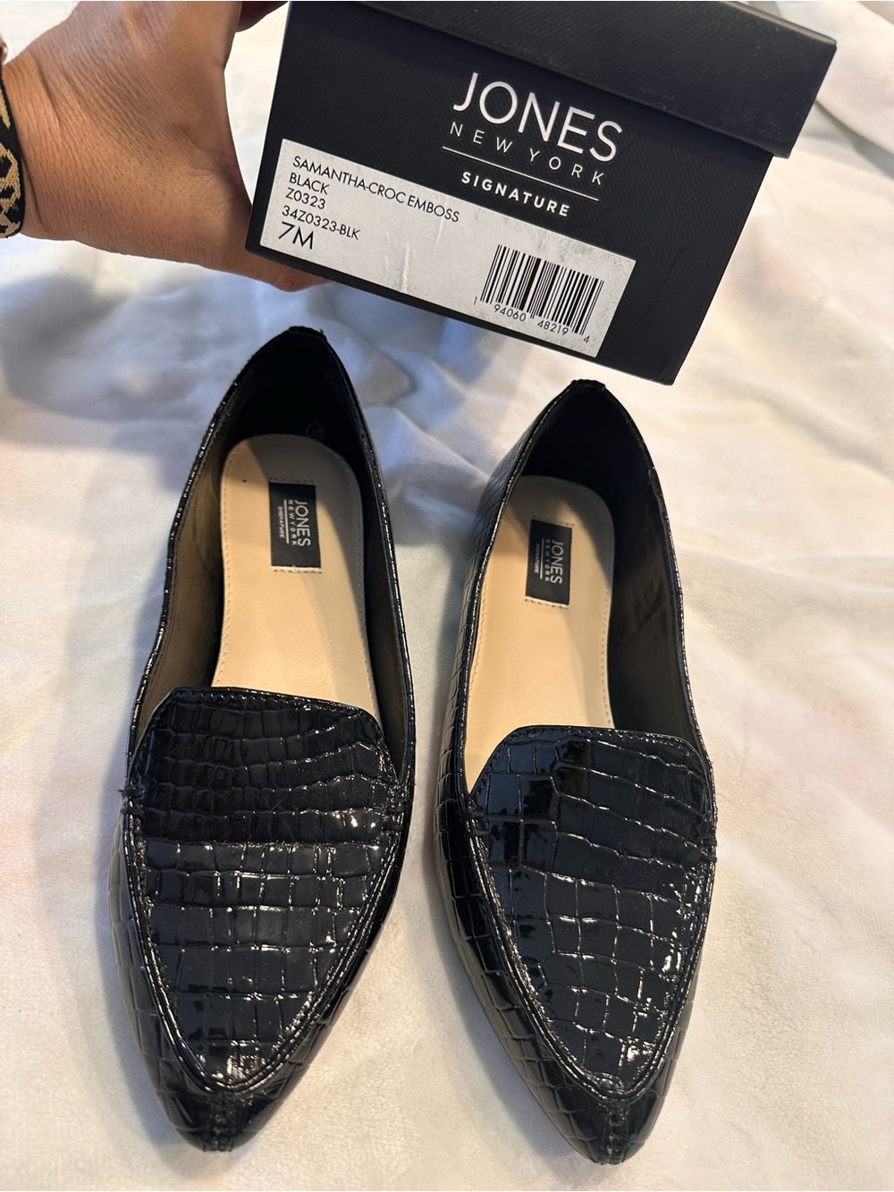 Jones New York Black Croc-Embossed Pointed Loafers